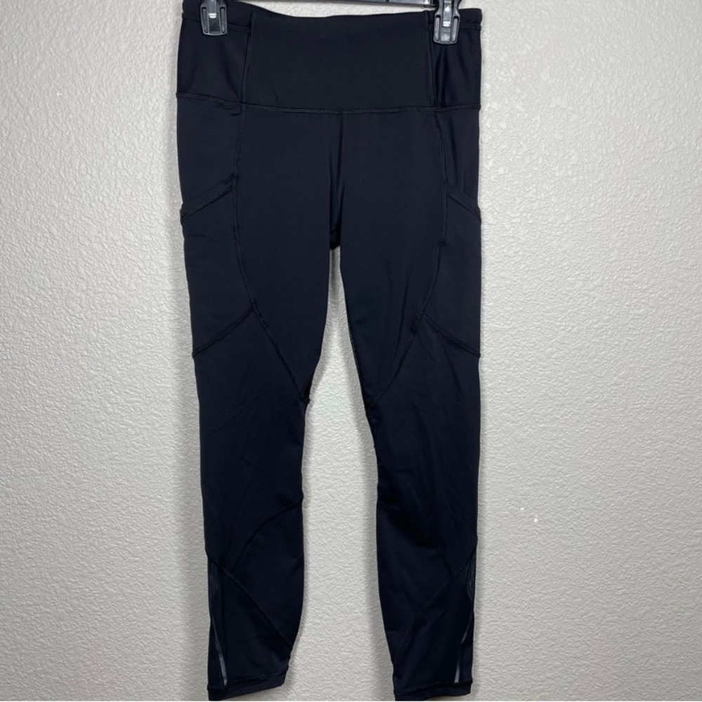 Lululemon Womens Leggings Black Mesh Pockets Mid Rise Pull On Ruched Waist